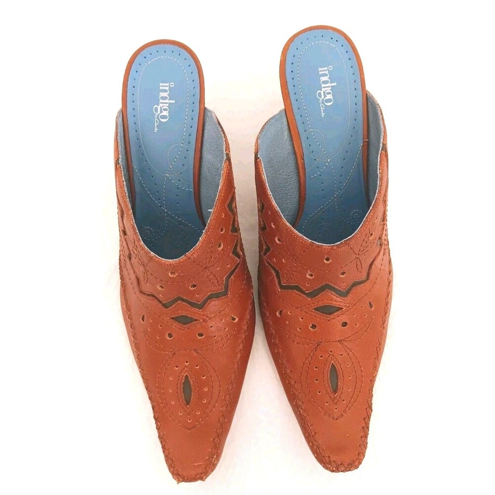 Indigo by Clarks Brown Leather Pointed Toe Mule Heels Cutout Women's Size 8.5